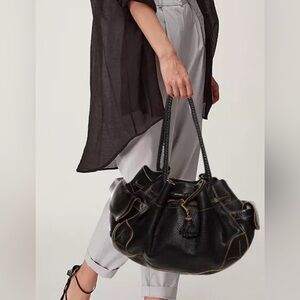 Cole Haan Black Leather Drawstring Braided Handle Hobo With Matching Wristlet